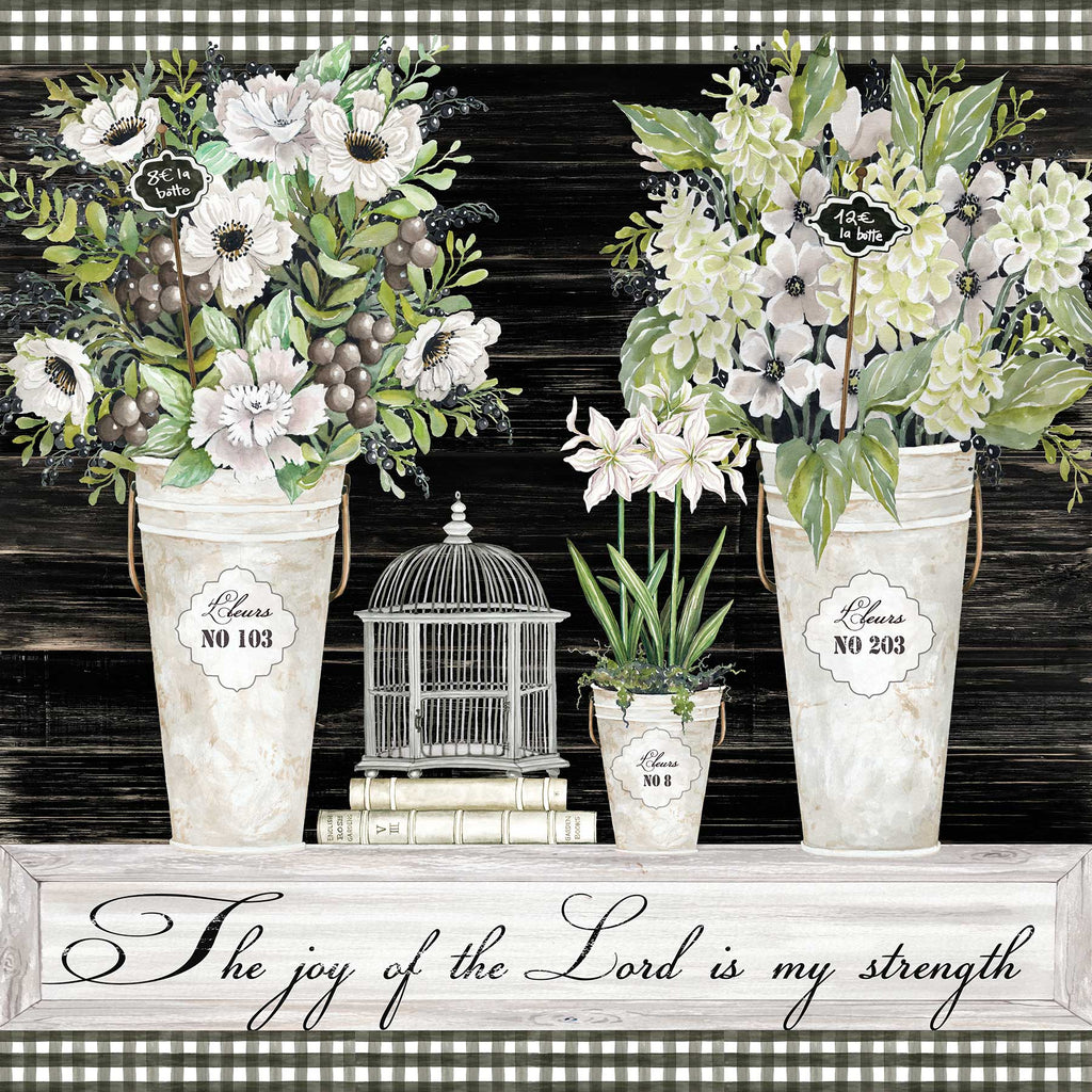 Cindy Jacobs CIN2686 - CIN2686 - The Joy of the Lord Still Life - 12x12 The Joy of the Lord, Strength, Flowers, Still Life, Berries, Birdcage, Signs, Shabby Chic from Penny Lane