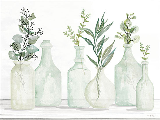 Cindy Jacobs CIN2835 - CIN2835 - Bottles and Greenery I - 16x12 Bottles, Glass Bottles, Greenery, Still Life, Neutral Palette, Shabby Chic, Country French from Penny Lane