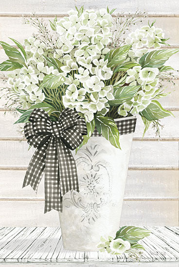 Cindy Jacobs CIN2906 - CIN2906 - White Hydrangeas - 12x18 White Hydrangeas, Hydrangeas, Bouquet, Flowers, Black & White Gingham, Bow, Shabby Chic, Shiplap from Penny Lane