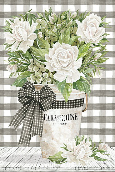 Cindy Jacobs CIN2909 - CIN2909 - Farmhouse Roses - 12x18 White Roses, Roses, Plaid, Bouquet, Flowers, Black & White Gingham, Bow, Shabby Chic, Shiplap from Penny Lane