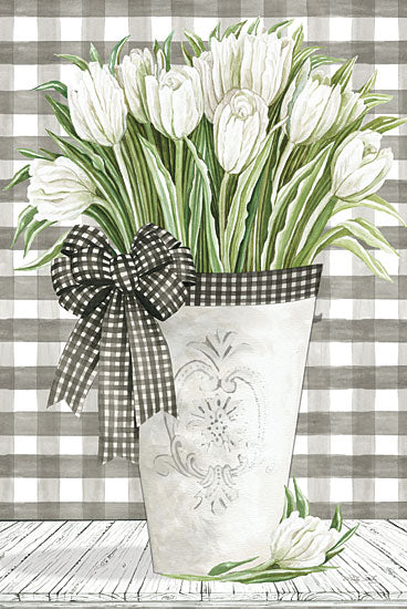 Cindy Jacobs CIN2910 - CIN2910 - Farmhouse Tulips - 12x18 White Tulips, Tulips, Plaid, Bouquet, Flowers, Black & White Gingham, Bow, Shabby Chic, Shiplap from Penny Lane