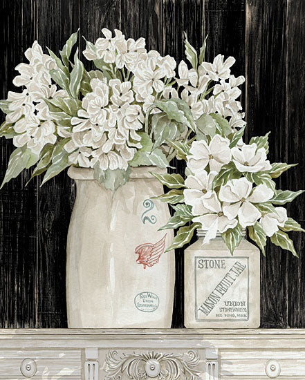 Cindy Jacobs CIN2950 - CIN2950 - Elegant Crocks - 12x16 Still Life, Flowers, White Flowers, Crocks, Cottage/Country, Cabinet, Black Background, Bouquet from Penny Lane