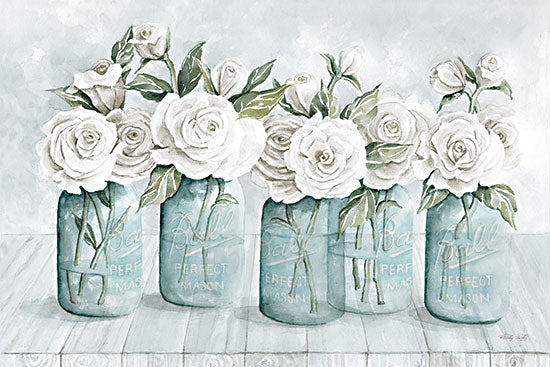 Cindy Jacobs CIN2963 - CIN2963 - Floral Parade   - 18x12 Flowers, White Flowers, Roses, Jars, Ball Jars, Blue Jars, Country, Still Life, Summer, Neutral Palette, Botanical from Penny Lane