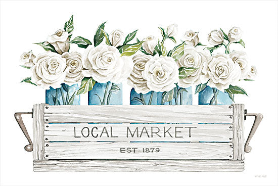 Cindy Jacobs CIN3092 - CIN3092 - Local Market Flowers - 18x12 Flowers, Blue Jars, Still Life, Roses, White Roses, Vintage, Wood Box from Penny Lane