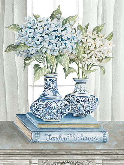 Cindy Jacobs CIN3100 - CIN3100 - Delft Blue Floral III - 12x16 Still Life, Flowers, Blue & White Flowers, Blue & White,  Shabby Chic, Vase, Books, Gardening Books from Penny Lane