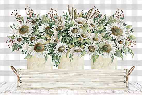 Cindy Jacobs CIN3117 - CIN3117 - Fall Sunflowers III - 18x12 Still Life, Flowers, Sunflowers, Fall, Fall Flowers, White Sunflowers, Crate, Greenery, Berries, White & Gray Plaid, Plaid, Farmhouse/Country from Penny Lane