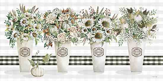 Cindy Jacobs CIN3120 - CIN3120 - Fall Floral with Pumpkins II - 18x9 Still Life, Flowers, Sunflowers, Fall, Fall Flowers, White Sunflowers, Daisies, White Flowers, Pails, Greenery, Pumpkins, Black & White Plaid, Plaid, Cottage/Country from Penny Lane