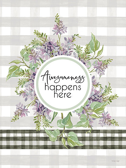 Cindy Jacobs CIN3169 - CIN3169 - Awesomeness Happens Here - 12x16 Awesomeness Happens Here, Flowers, Purple Flowers, Wreath, Plaid, Typography, Signs from Penny Lane