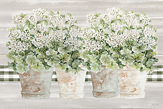 Cindy Jacobs CIN3246 - CIN3246 - Welcoming Geraniums I - 18x12 Still Life, Potted Flowers, White Flowers, Geraniums, White Geraniums, Black & White Plaid, Farmhouse/Country, Spring from Penny Lane
