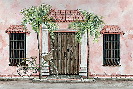 Cindy Jacobs CIN3258 - CIN3258 - Palms and Bike - 18x12 Tropical, Palm Trees, Bicycle, Bike, Mediterranean, Pink Houses, Front Door from Penny Lane