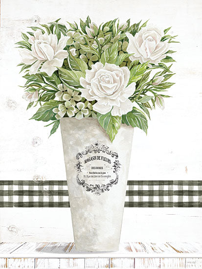 Cindy Jacobs CIN3284 - CIN3284 - White Roses - 12x16 White Roses, Roses, Flowers, Pail, Plaid, Greenery, Still Life, Neutral Palette from Penny Lane