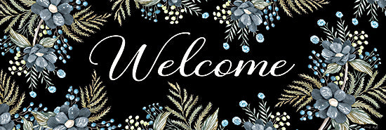 Cindy Jacobs CIN3389A - CIN3389A - Welcome - 36x12 Typography, Signs, Welcome, Flowers, Blue Flowers, Greenery, Black Background, Summer from Penny Lane