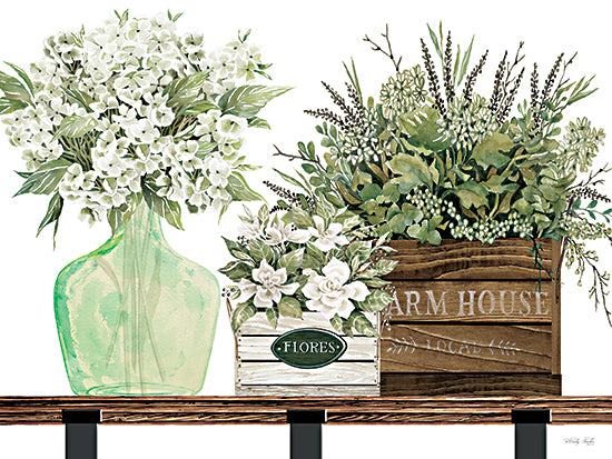 Cindy Jacobs CIN3429 - CIN3429 - Farm House Florals - 16x12 Farmhouse Florals, Still Life, Flowers, Greenery, Wood Boxes, Green Glass Vase, White Flowers from Penny Lane