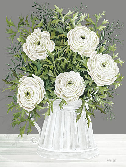 Cindy Jacobs CIN3674 - CIN3674 - Ranunculus on Gray - 12x16 Flowers, White Flowers, Ranunculus, White Ranunculus, Greenery, Pitcher, French Country, Gray Background from Penny Lane