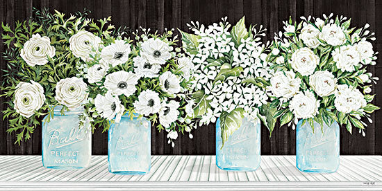 Cindy Jacobs CIN3676 - CIN3676 - Mason Jar Florals - 18x9 Still Life, Mason Jars, Blue Jars, Flowers, White Flowers, Farmhouse/Country, Black Background, Greenery, Ball Jars, Spring Flowers, Spring from Penny Lane