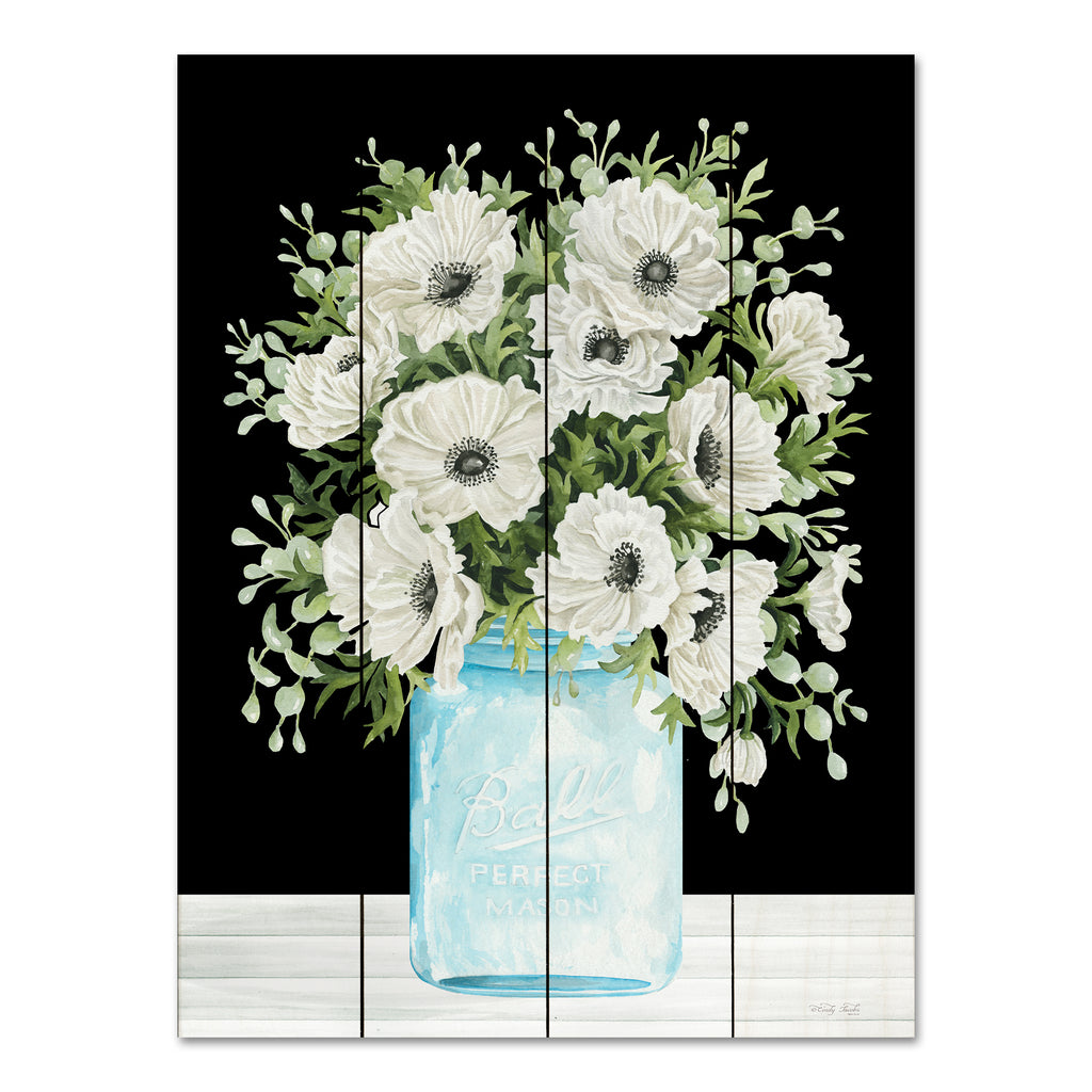 Cindy Jacobs CIN3677PAL - CIN3677PAL - Mason Jar Poppies - 12x16 Flowers, White Flowers, Poppies, Mason Jar, Blue Jar, Ball Jar, Farmhouse/Country, Black Background, Bouquet, Spring from Penny Lane