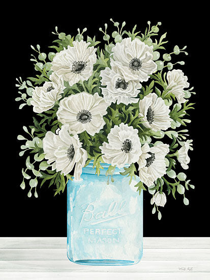 Cindy Jacobs CIN3677 - CIN3677 - Mason Jar Poppies - 12x16 Flowers, White Flowers, Poppies, Mason Jar, Blue Jar, Ball Jar, Farmhouse/Country, Black Background, Bouquet, Spring from Penny Lane