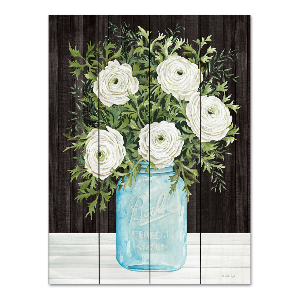 Cindy Jacobs CIN3678PAL - CIN3678PAL - Mason Jar Ranunculus - 12x16 Flowers, White Flowers, Ranunculus, Mason Jar, Blue Jar, Ball Jar, Farmhouse/Country, Black Background, Bouquet, Spring from Penny Lane