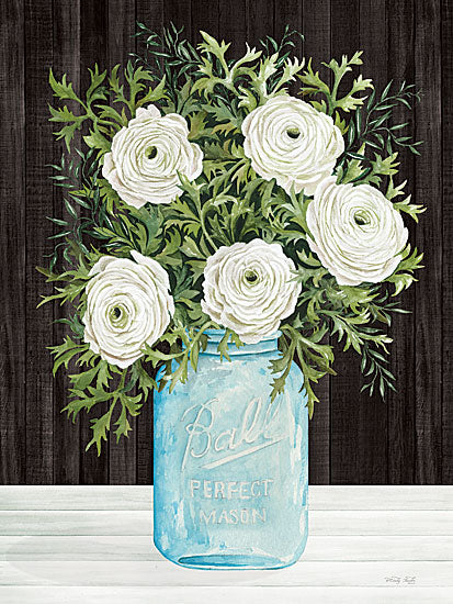 Cindy Jacobs CIN3678 - CIN3678 - Mason Jar Ranunculus - 12x16 Flowers, White Flowers, Ranunculus, Mason Jar, Blue Jar, Ball Jar, Farmhouse/Country, Black Background, Bouquet, Spring from Penny Lane