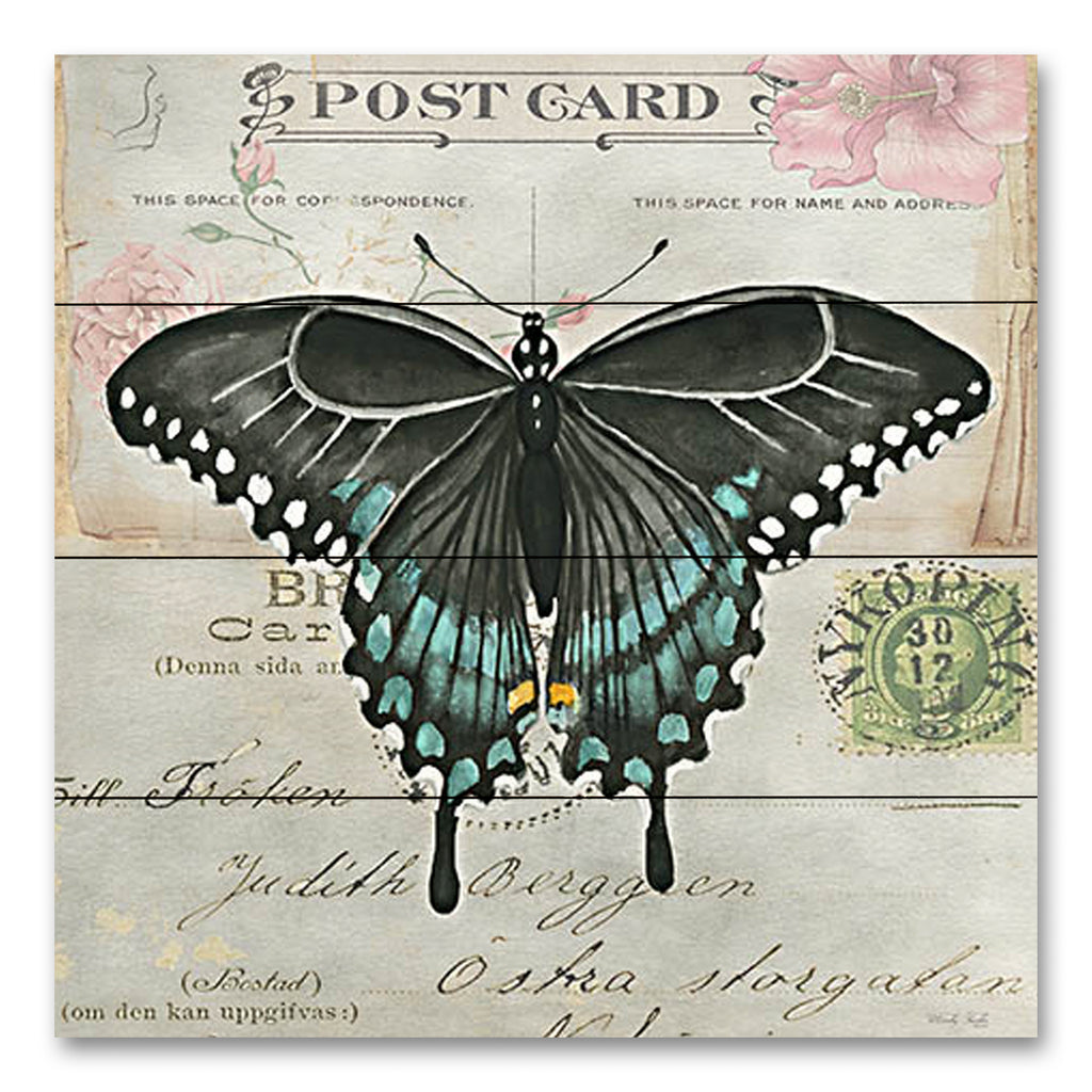 Cindy Jacobs CIN3732PAL - CIN3732PAL - Postcard Butterfly III - 12x12 Butterfly, Postcard, Blue & Black Butterfly, Typography, Signs, Vintage from Penny Lane