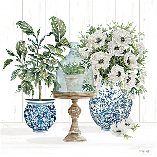 Cindy Jacobs CIN3845 - CIN3845 - Chinoiserie Florals I - 12x12 Still Life, Blue & White Vases, Chinoiserie, European, Cloche, Potted Plants, Cake Plate, Flowers, White Flowers, Greenery from Penny Lane