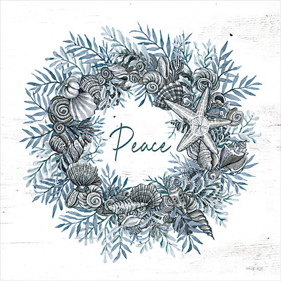 Cindy Jacobs CIN3948 - CIN3948 - Peace Seashell Wreath - 12x12 Coastal, Christmas, Wreath, Shells, Starfish, Greenery, Blue & White, Peace, Typography, Signs from Penny Lane