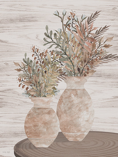 Cindy Jacobs CIN4130 - CIN4130 - Desert Dreams II - 12x16 Still Life, Greenery, Leaves, Clay Vases, Fall, Desert Dreams, Wood Background, Table, Muted Colors, Green, Tan, Maroon, Contemporary from Penny Lane