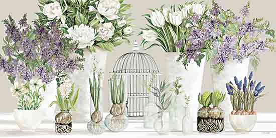 Cindy Jacobs CIN4226 - CIN4226 - Spring Flower Table   - 18x9 Still Life, Spring, Spring Flowers, Flowers, Purple Flowers, White Flowers, Bulbs, Vases, Birdcage, Glass Bottles from Penny Lane