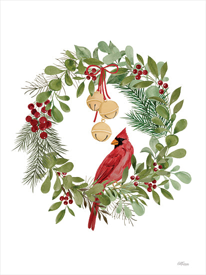 Cat Thurman Designs CTD161 - CTD161 - Christmas Cardinal Wreath - 12x16 Christmas, Holidays, Wreath, Greenery, Holly, Berries, Cardinal, Bells, Gold Bells, Christmas, Cardinal, Winter from Penny Lane