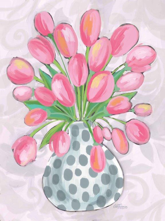 Cat Thurman Designs CTD258 - CTD258 - Tulips in Vase - 12x16 Flowers, Tulips, Pink Tulips, Vase, Polka Dot Vase, Spring, Spring Flowers from Penny Lane