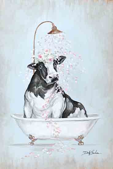 Debi Coules DC129 - DC129 - Showering Petals Cow II  - 12x18 Bath, Bathroom, Shower, Whimsical, Cow, Flowers, Petals, Pink Flowers, Bathtub, Cottage/Country, Floral Crown from Penny Lane