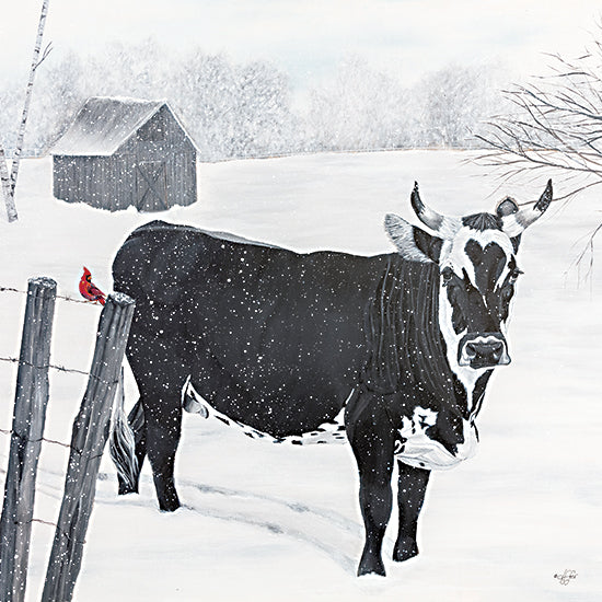 Diane Fifer DF173 - DF173 - Snowy Day on the Farm - 16x12 Cow, Winter, Animals, Farm, Snow, Robin, Black & White, Red Bird, Robin from Penny Lane