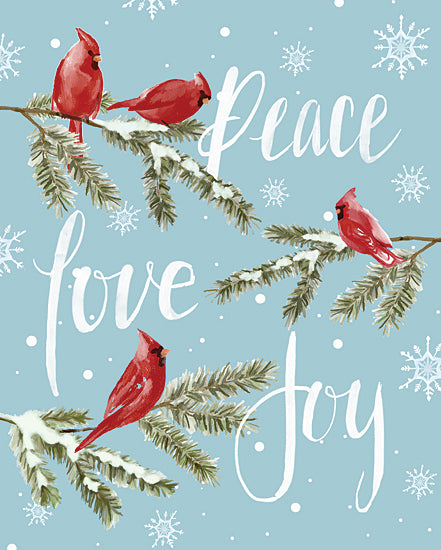 Dogwood Portfolio DOG237 - DOG237 - Peace, Love, Joy Cardinals III - 12x16 Winter, Cardinals, Trees, Pine Trees, Snow, Inspirational, Peace, Love, Joy, Typography, Signs, Textual Art from Penny Lane