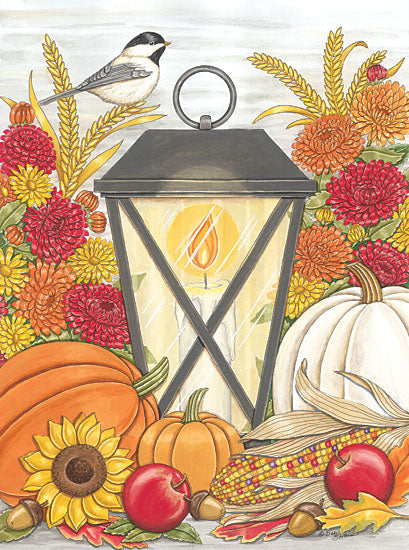 Deb Strain DS2155 - DS2155 - Fall Lantern with Chickadee - 12x16 Fall, Still Life, Lantern, Flowers, Pumpkins, Bird, Chickadee, Mums, Fall Colors, White Pumpkin, Indian Corn, Sunflowers from Penny Lane