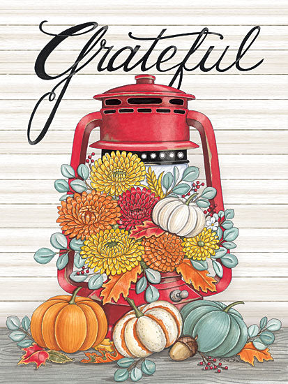 Deb Strain DS2156 - DS2156 - Grateful Lantern - 12x16 Fall, Still Life, Lantern, Flowers, Pumpkins, Grateful, Typography, Signs, Textual Art, Mums, Fall Colors, White Pumpkin, Greenery, Leaves, Wood Background from Penny Lane