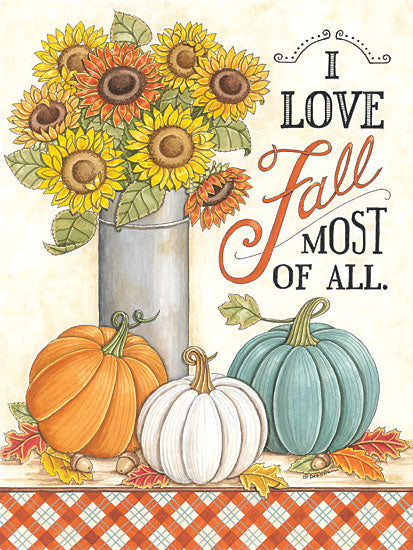 Deb Strain DS2157 - DS2157 - I Love Fall Sunflowers - 12x16 Fall, Still Life, Flowers, Sunflowers, Pumpkins, I Love Fall Most of All, Typography, Signs, Textual Art, Leaves, Galvanized Vase, Fall Flowers from Penny Lane