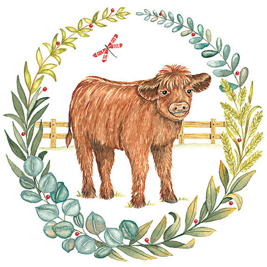 Deb Strain DS2191 - DS2191 - Baby Highland Cow Wreath - 12x12 Baby, Nursery, New Baby, Animals, Cow, Baby Highland Calf, Farm Animals, Wreath, Greenery, Dragonfly, Fence from Penny Lane