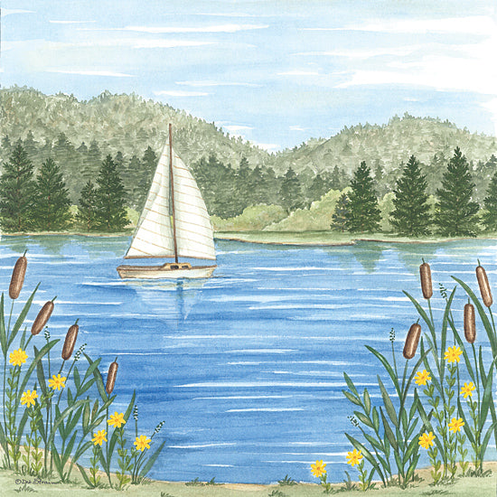 Deb Strain DS2271 - DS2271 - Sailboat on the Lake - 12x12 Lake, Sailboat, Landscape, Hills, Trees, Cattails, Flowers, Yellow Flowers, Leisure, Summer from Penny Lane