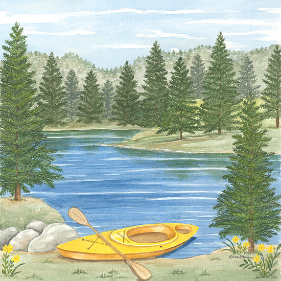 Deb Strain DS2272 - DS2272 - Kayak at the Lake - 12x12 Lake, Kayak, Landscape, Hills, Trees, Pine Trees, Flowers, Yellow Flowers, Leisure, Summer from Penny Lane