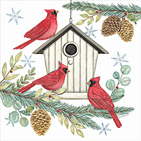 Deb Strain DS2279 - DS2279 - Cardinals and Birdhouse I - 12x12 Winter, Cardinals, Birds, Male, Female, Birdhouse,  Greenery, Eucalyptus, Pine Springs, Pinecones, Holly, Berries, Snowflakes from Penny Lane