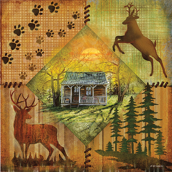 Ed Wargo ED472 - ED472 - Deer in the Woods - 12x12 Collage, Lodge, Deer, Paw Prints, Trees, Cabin, Log Cabin, House, Diptych, Masculine from Penny Lane
