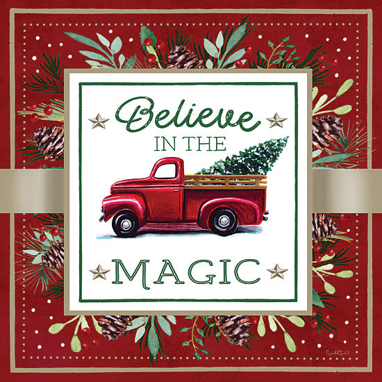 Elizabeth Tyndall ET102 - ET102 - Winterbury Believe in the Magic - 12x12 Christmas, Holidays, Christmas Tree, Truck, Red Truck, Believe in the Magic, Typography, Signs, Textual Art, Wreath, Greenery, Pinecones, Gold, Red, Winter from Penny Lane