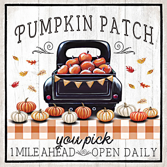 Elizabeth Tyndall ET109 - ET109 - Pumpkin Patch - 12x12 Fall, Pumpkins, Pumpkin Patch You Pick 1 Mile Ahead ~ Open Daily, Typography, Signs, Textual Art, Truck, Black Truck, Truck Bed, Leaves, Pumpkins, Orange & White Plaid from Penny Lane
