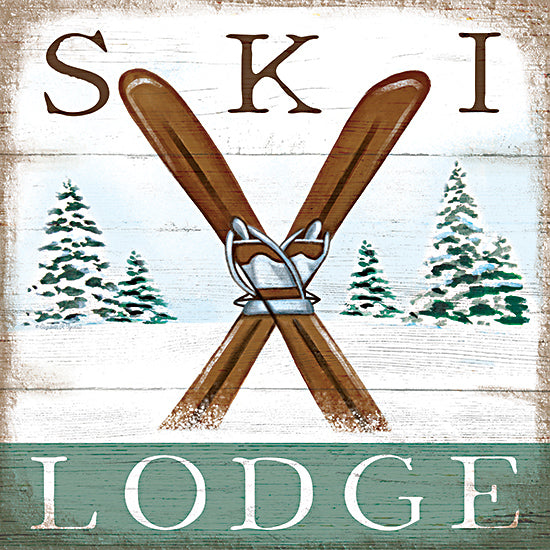 Elizabeth Tyndall ET153 - ET153 - Ski Lodge - 12x12 Winter, Winter Sports, Skis, Ski Lodge, Typography, Signs, Textual Art, Skis, Snow, Trees, Lodge from Penny Lane