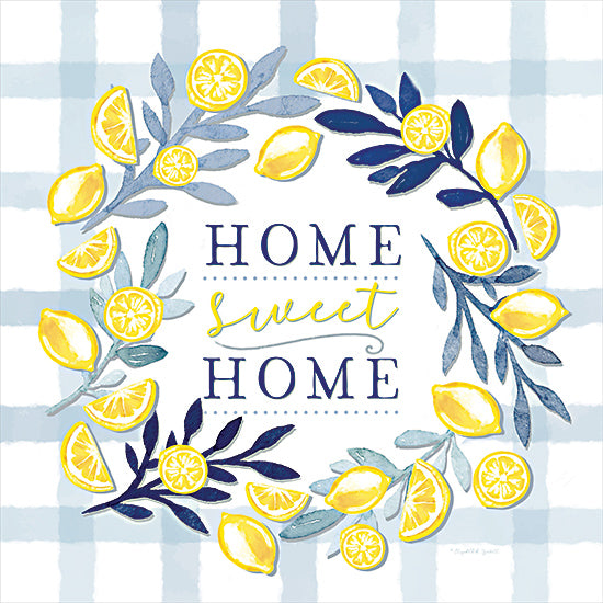 Elizabeth Tyndall ET156 - ET156 - Home Sweet Home Lemon Wreath - 12x12 Inspirational, Kitchen, Lemons, Citrus, Home Sweet Home, Typography, Signs, Textual Art, Wreath, Blue and White, Plaid, Farmhouse/Country from Penny Lane