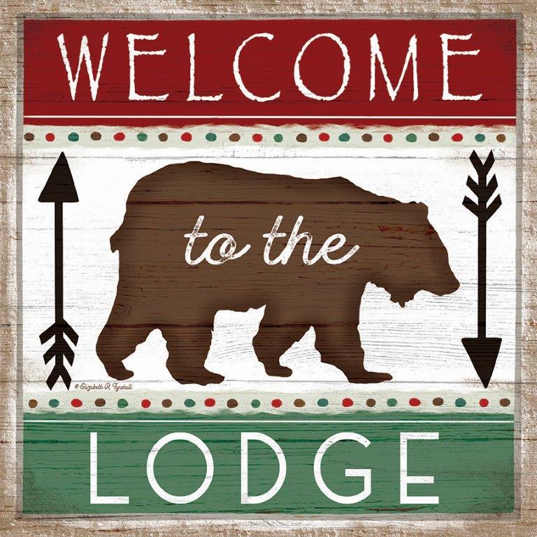 Elizabeth Tyndall ET215 - ET215 - Welcome to the Lodge - 12x12 Lodge, Bear, Welcome to the Lodge, Typography, Signs, Textual Art, Wildlife, Arrows, Patterns from Penny Lane