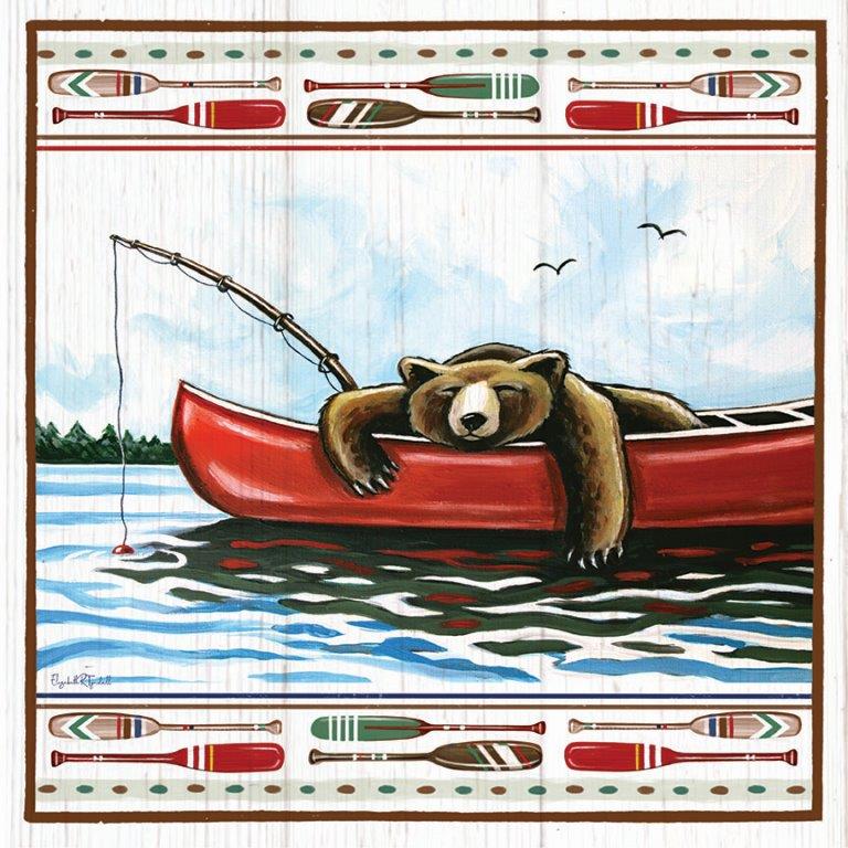 Elizabeth Tyndall ET226 - ET226 - Lodge Lazy Bear in Canoe - 12x12 Lake, Lodge, Bear, Whimsical, Canoe, Fishing, Oars, Patterns, Border, Fishing Pole from Penny Lane