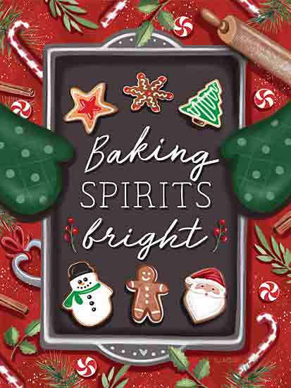 Elizabeth Tyndall ET252 - ET252 - Baking Spirits Bright - 12x16 Christmas, Holidays, Kitchen, Baking, Cookies, Baking Spirits Bright, Typography, Signs, Textual Art, Baking Sheet, Rolling Pin, Oven Mitts, Holly, Berries, Winter from Penny Lane