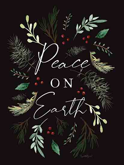 Elizabeth Tyndall ET271 - ET271 - Peace on Earth - 12x16 Christmas, Holidays, Greenery, Pine Sprigs, Holly, Berries, Peace on Earth, Typography, Signs, Textual Art, Black Background from Penny Lane