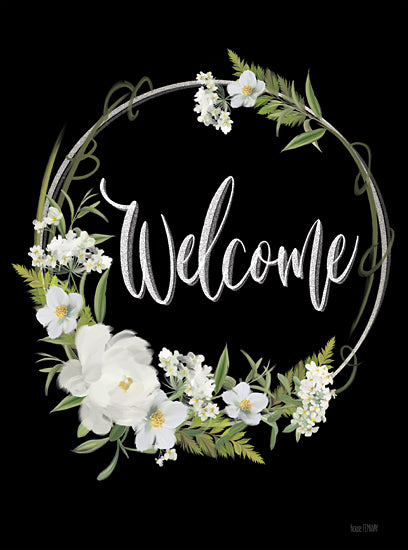 House Fenway FEN499 - FEN499 - Welcome - 12x16 Welcome, Greeting, Wreath, Flowers, White Flowers, Greenery, Typography, Black Background, Signs from Penny Lane